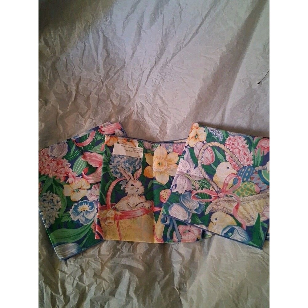 Vintage EASTER Bunny Fabric Napkins 17” Square  Tulips Eggs Pastel Set of 3